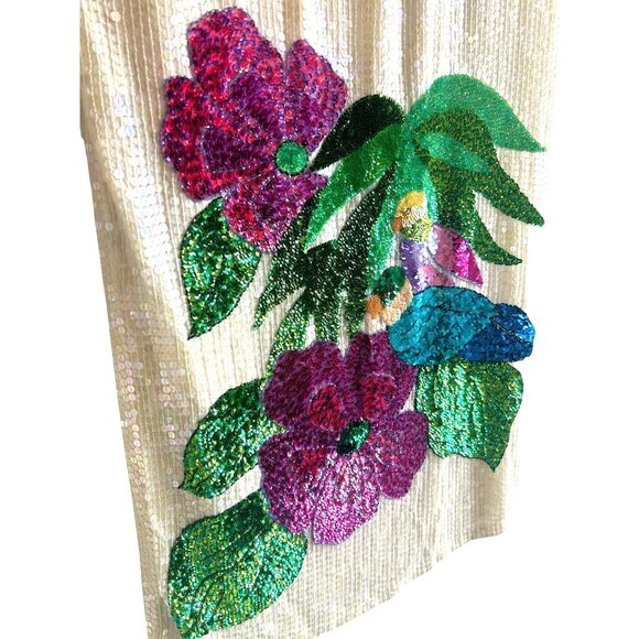 Vintage Sequin Floral & Bird Embellished Dress With Button Back Closure - Picture 3 of 8